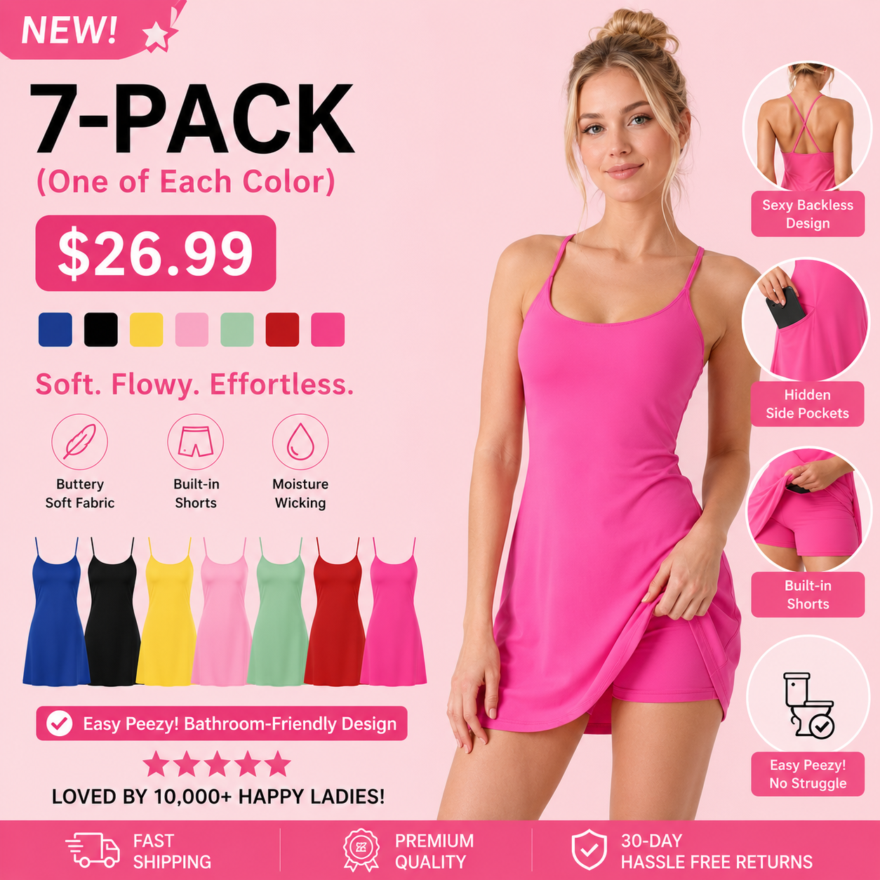 🔥 Viral Easy-Peezy Active Dress™ 💖 Backless • Buttery Soft • Built-In Shorts
