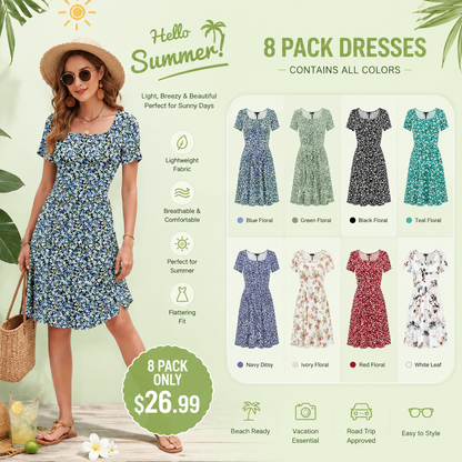 🌴 Vacation-Ready Floral Sundress – Square Neck Ruffle Sleeve Dress with Pockets