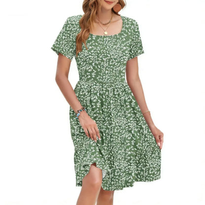 🌴 Vacation-Ready Floral Sundress – Square Neck Ruffle Sleeve Dress with Pockets